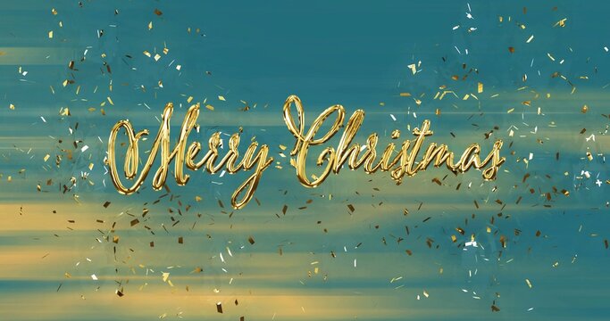 Gold cursive lettering reading Merry Christmas floating over teal gradient with scattered confetti