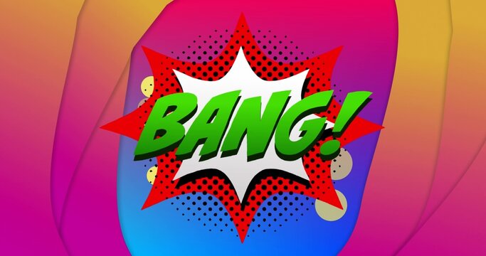 Red white starburst framing green BANG! text over halftone dots on gradient backdrop, copy space