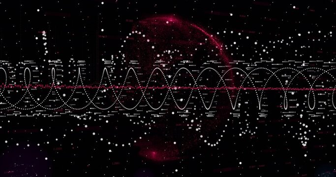 Dark waveform of dotted peaks crossing red line beneath glowing red sphere with white points