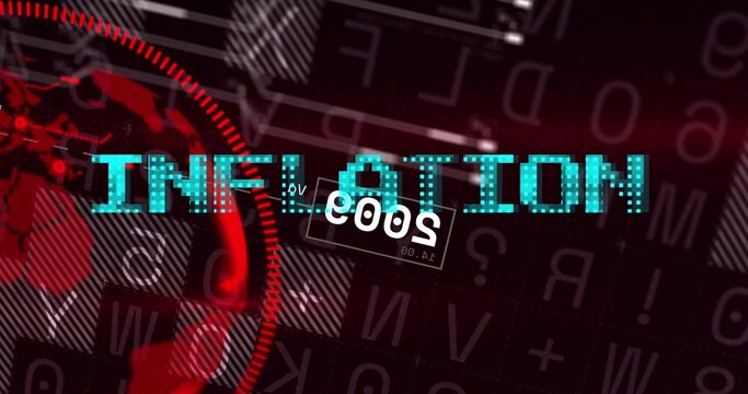 Cyan pixelated INFLATION overlaying rectangular box holding white 6000 near red circle on dark grid
