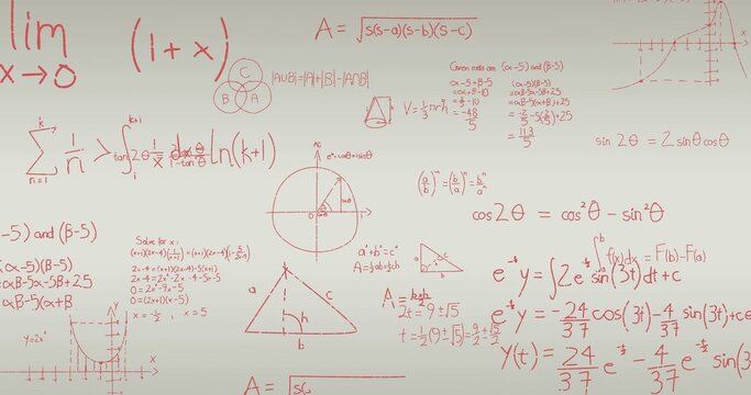 Whiteboard holding red handwritten mathematical formulas, graphs and sketches in classroom