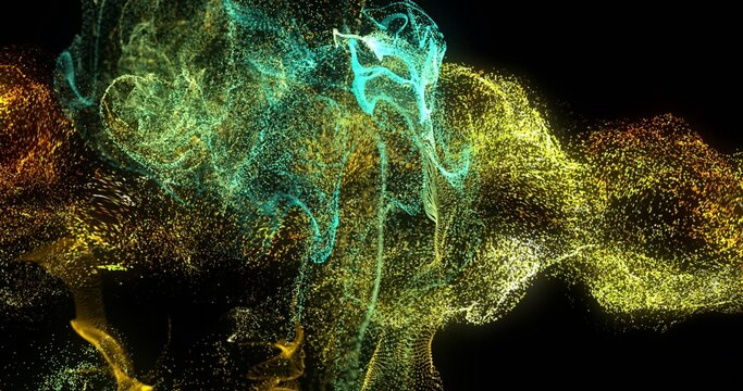 Glowing particle cloud swirling in teal and gold hues against solid black backdrop
