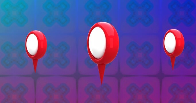 Three red pin markers with white oval centers resting across gridded blue-to-purple background
