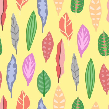 Vector seamless pattern with hand drawn tropical leaves. Cute jungle design for textile, backgrounds, wallpaper, wrapping paper, digital prints.