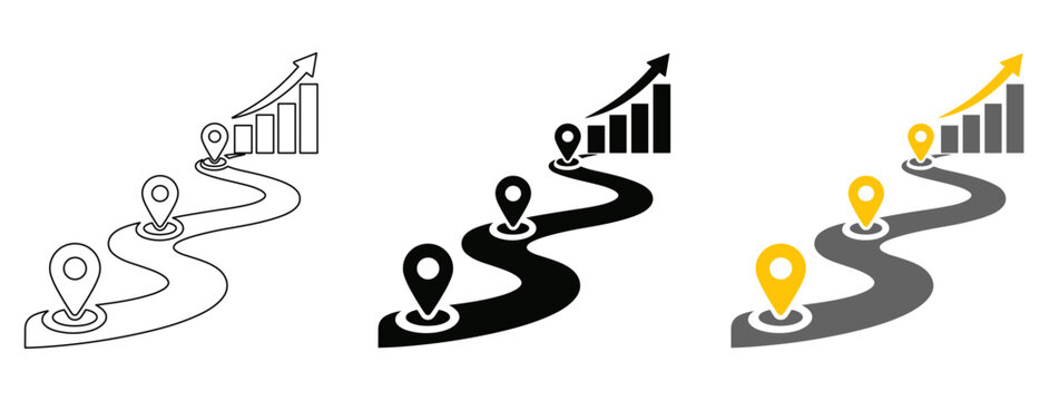 Winding Road With Milestone Markers and Rising Chart for Business Growth, Icon Set in Black, Gray and Yellow