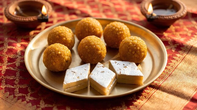 Brass plate of Indian sweets ladoo and kaju katli with diyas for Diwali