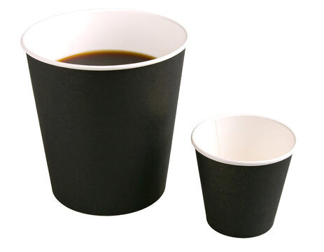 Two Black Coffee Paper Cups One with Different Sizes Filled with Beverage