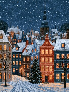 beautiful oil painting style of winter european town street at night with glowing windows and snow