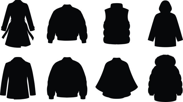 Black vector silhouette icon bundle of winter outerwear clothing featuring jackets coats parka and puffer vest   Black vector silhouette icon bundle of winter outerwear 