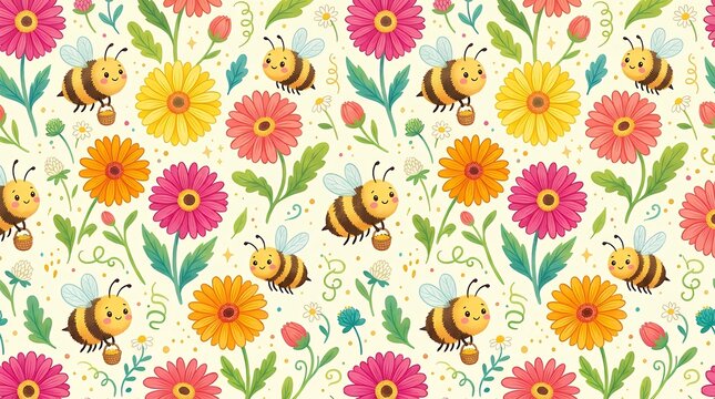 Charming Cartoon Honey Bees and Gerbera Flower SeamlessPattern Decorative Summer Nature Background for Textile Fabric Printing and Wrapping Paper honey bee gerbera flower seamless pattern
