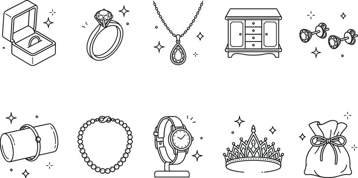 Casket gemstone ornament armoire earstuds wristband pearls chronometer tiara pouch lineart collection for premium e-commerce product catalogs