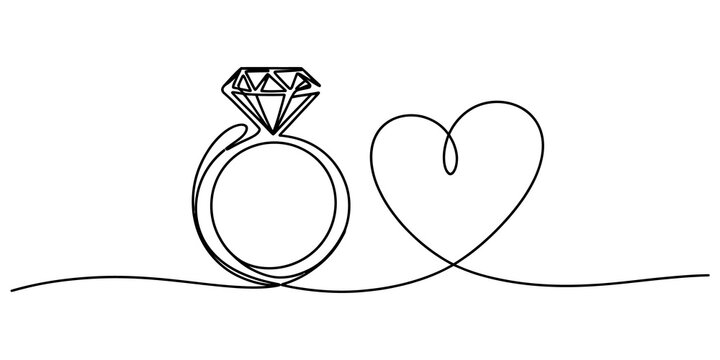 Continuous line drawing of a diamond engagement ring and a heart symbol for wedding, marriage proposal, and romantic love concept isolated on transparent background