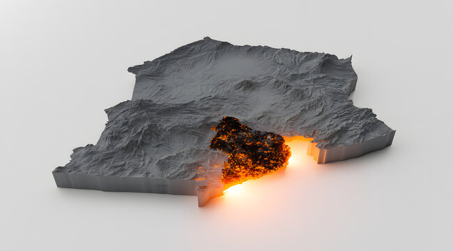 The map of Ghana is three-dimensional with a grey background. One southern region is highlighted against a white background. The highlighted area has bright, glowing displays, and the rendering is cle