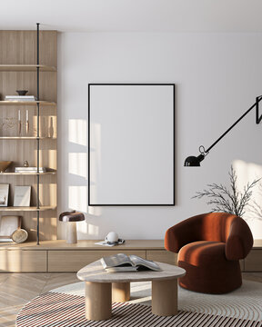 Modern Living Room Poster Frame Mockup with Natural Light and Minimalist Decoration. 3D render.