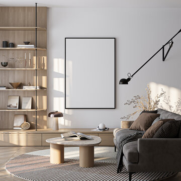 Modern Living Room Poster Frame Mockup with Natural Light and Minimalist Decoration. 3D render.