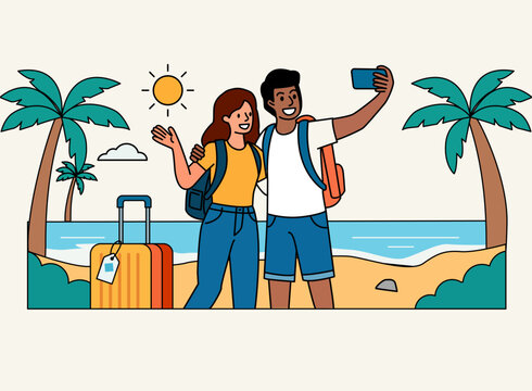 People planning their vacation, a beach tour, take a selfie and hug each other; on the beach, they have their suitcase