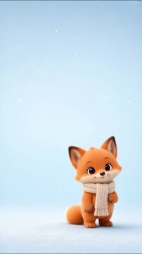 Adorable 3d animated red fox cub wearing warm scarf standing on snowy ground, waving hello during wintertime