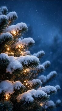 Outdoor christmas fir tree glowing with warm fairy lights, standing covered in heavy white snow during twilight