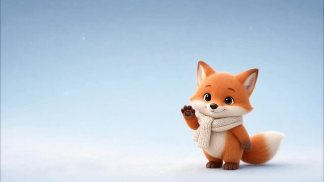 Cute red fox cartoon character wearing scarf standing on snow and waving paw in winter landscape scene