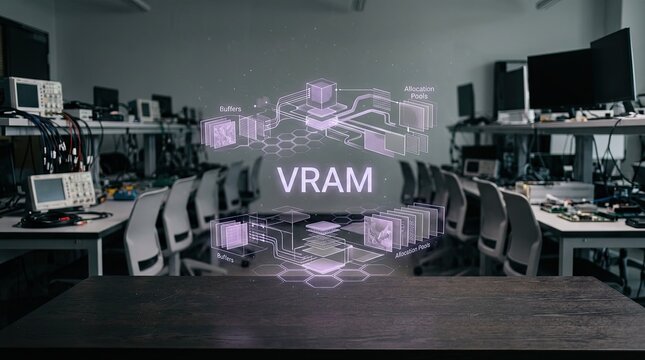 Holographic representation of a VRAM chip structure projected onto a laboratory desk, illustrating advanced computer memory technology in an educational or research environment