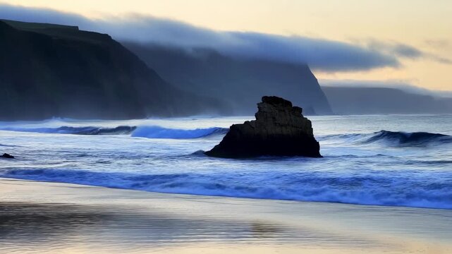 Ocean waves roll across a reflective sandy beach beneath misty cliffs and a dark sea stack. Nature documentaries, coastal tourism promotion, and travel presentations.