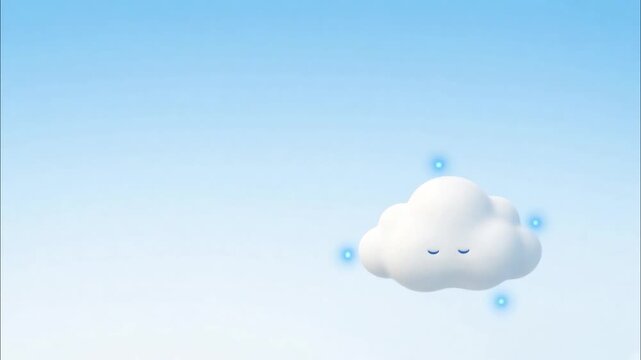 Cute 3d fluffy cloud character gently floating and sleeping in clear blue sky, glowing with soft sparkles