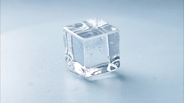 Single clear ice cube melting slowly on bright blue surface in studio lighting with water drops background