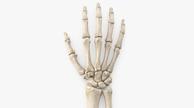 Anatomically detailed human hand skeleton with wrist bones and fingers isolated on a clean white background