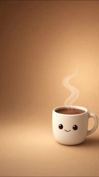 Adorable animated ceramic cup filled with hot chocolate smiling cheerfully while jumping on seamless backdrop