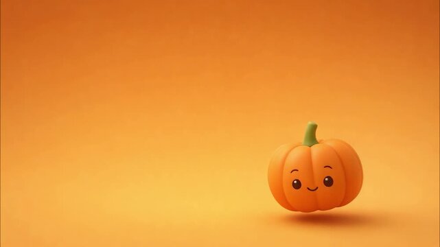 Cute cartoon pumpkin character jumping happily across warm studio backdrop, creating playful autumn festive mood