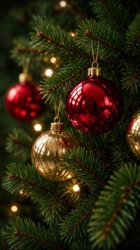Festive christmas tree branches decorated with shiny red and gold baubles and sparkling fairy lights during holiday season