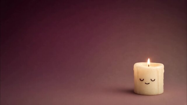 Cute decorative candle burning quietly with a steady yellow flame, illuminating a deep purple studio backdrop