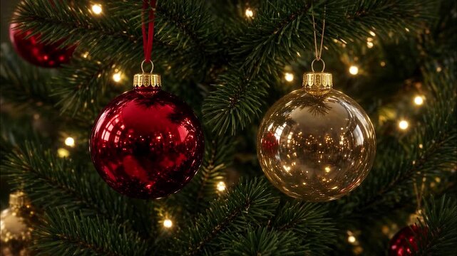 Shiny red and transparent glass baubles hanging on a decorated christmas tree with glowing fairy lights outdoors