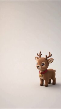 Cute 3d cartoon reindeer standing against bright neutral background and looking down at glowing golden light inside studio
