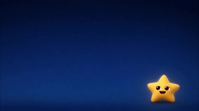 Adorable 3d cartoon star smiling, blinking, and floating gently against a dark blue background with copy space