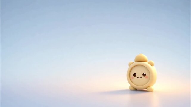 Adorable alarm clock character smiling while playfully dancing and shifting weight on a bright studio surface