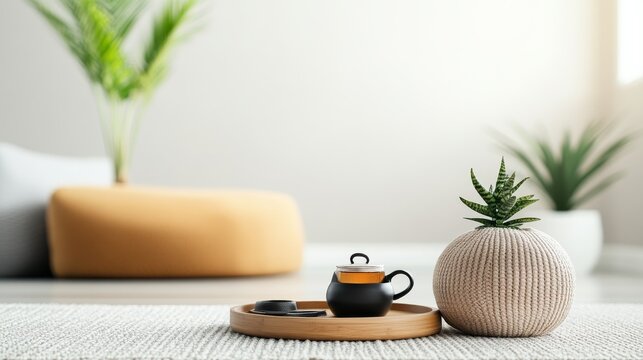 Professional Office Relaxation Space Showing Modern office lounge with wellness corner tea tray plants cus