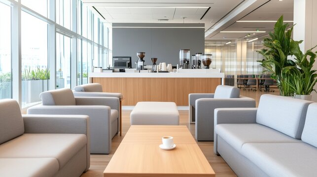 Stylish Corporate Lounge Interior Featuring Modern office lounge with coffee station and soft couches mod