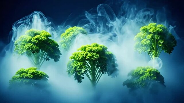 Fresh green broccoli florets floating in thick swirling blue smoke on dark background