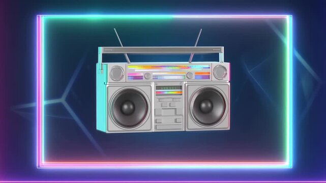 Retro boombox floats with pulsing neon light inside a geometric frame in dark digital space. Music promotion, audio technology advertising, and retro-themed branding.