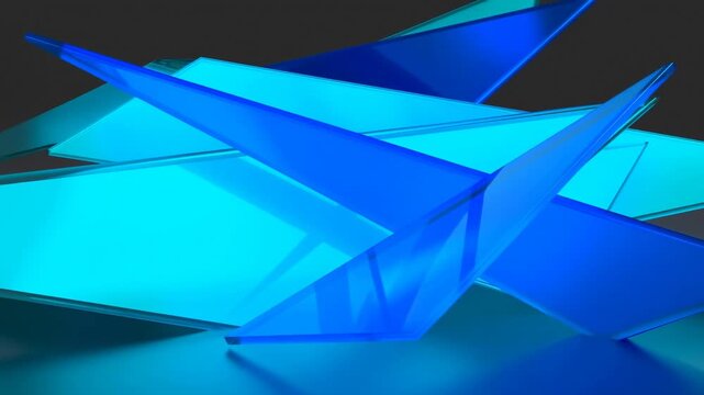 Abstract geometric shapes shift across a glossy reflective surface in a dark digital environment. Technology presentations, corporate branding, and digital product intros.