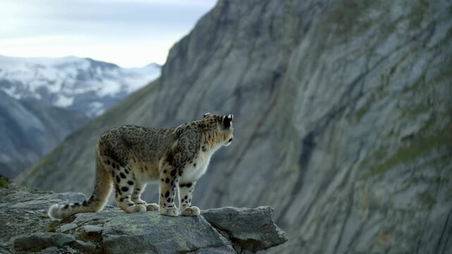 Snow leopard stands on a rocky ledge in a remote alpine mountain wilderness. Wildlife documentaries, animal conservation campaigns, and environmental education.
