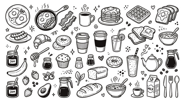 Hand drawn doodle set of breakfast food and drink items including pancakes eggs bacon coffee and fresh fruits