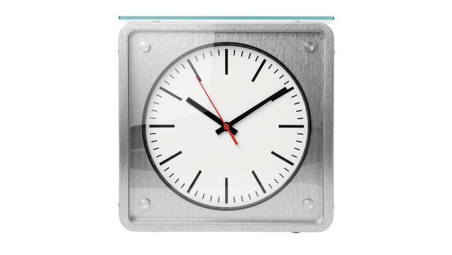 Modern square metal alarm clock with white face and red second hand, isolated on transparent background