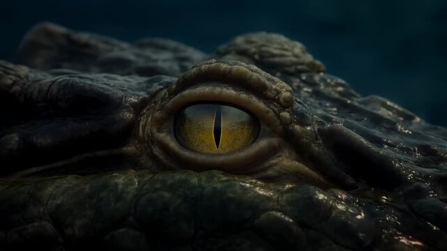 Crocodilian eye slowly opens in dark wetland water. Wildlife documentaries, reptile education, and nature programming.