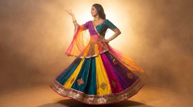 A woman in a colorful, flowing skirt and traditional Indian attire is gracefully dancing, her arms outstretched in a gesture of elegance and artistry. The warm, golden light illuminates her movement.