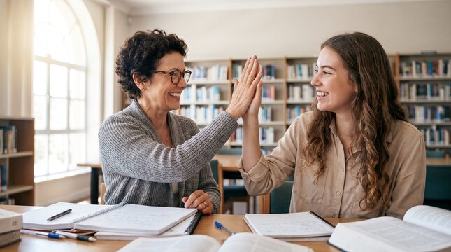 Two women, an older one with glasses and a younger one with long brown hair, are sitting at a table full of books and papers, smiling and giving each other a high-five.