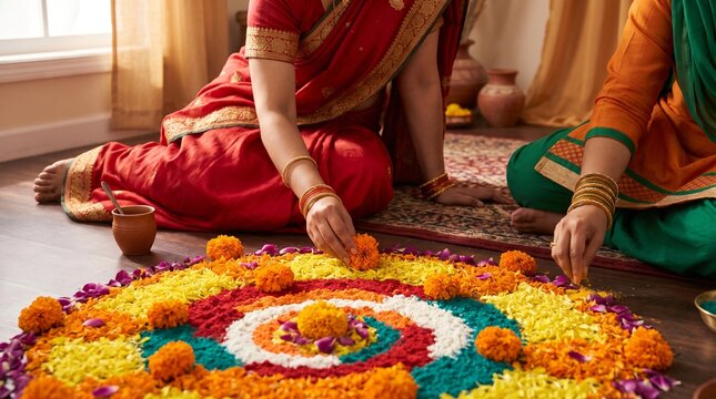 Two women are making a Rangoli during a festival. Rangoli is a decorative folk art form created on the floor. It is made using materials such as colored rice, dry flour, colored sand.