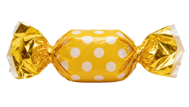 Yellow polka dot candy wrapped in shiny gold foil, isolated on transparent background
