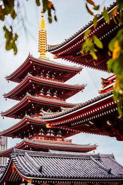 View of pagoda at the historic Senso-ji Temple in Asakusa, Tokyo, Japan.